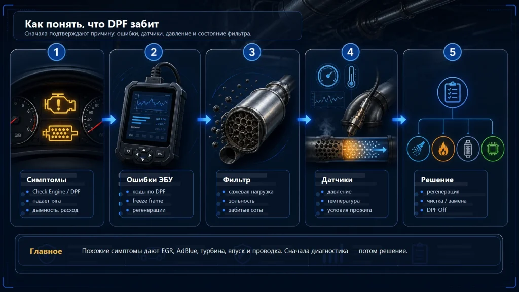 Схема диагностики забитого сажевого фильтра DPF